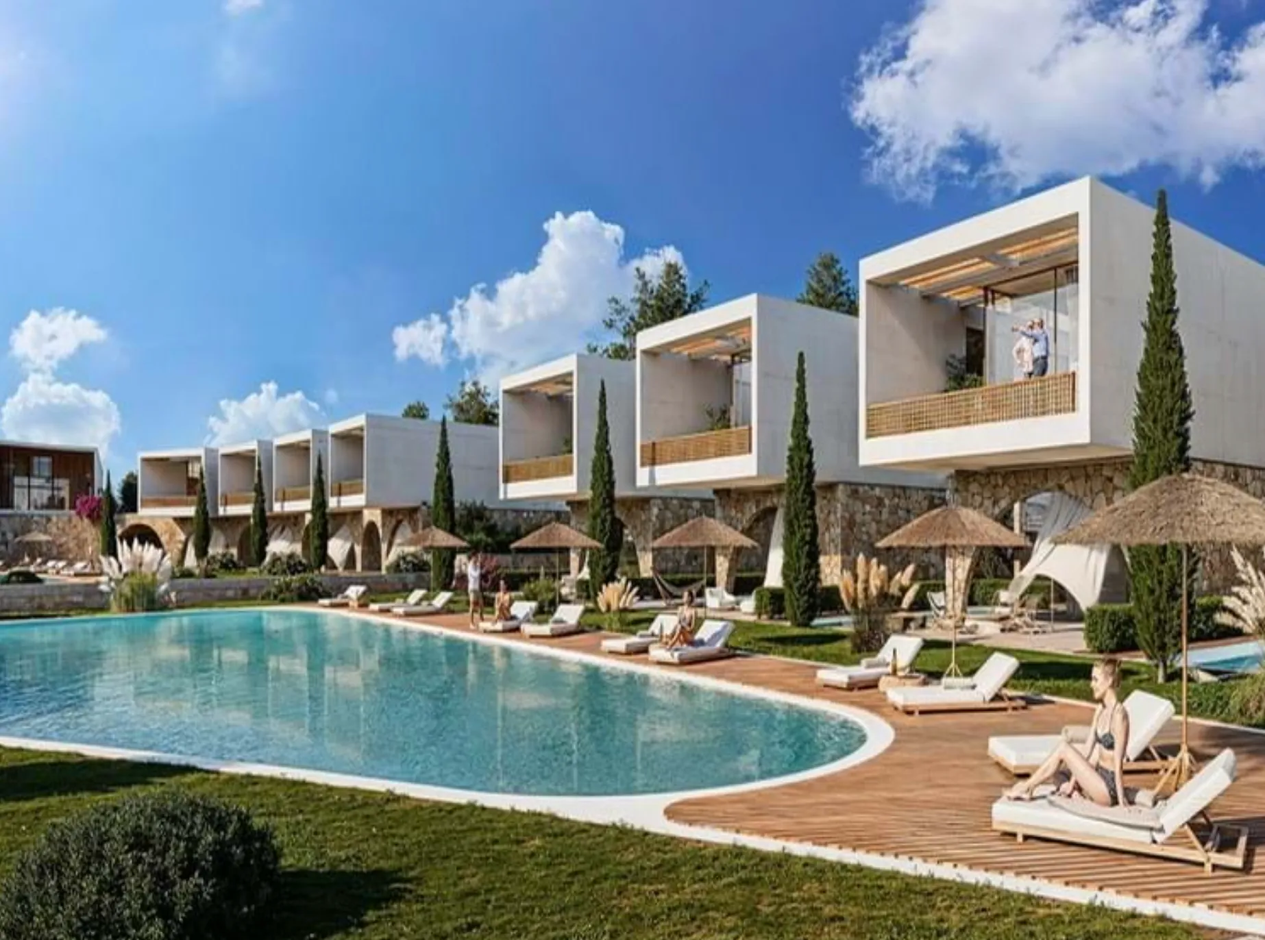 Moderne Immobilien in Nordzypern mit Pool und Liegen
