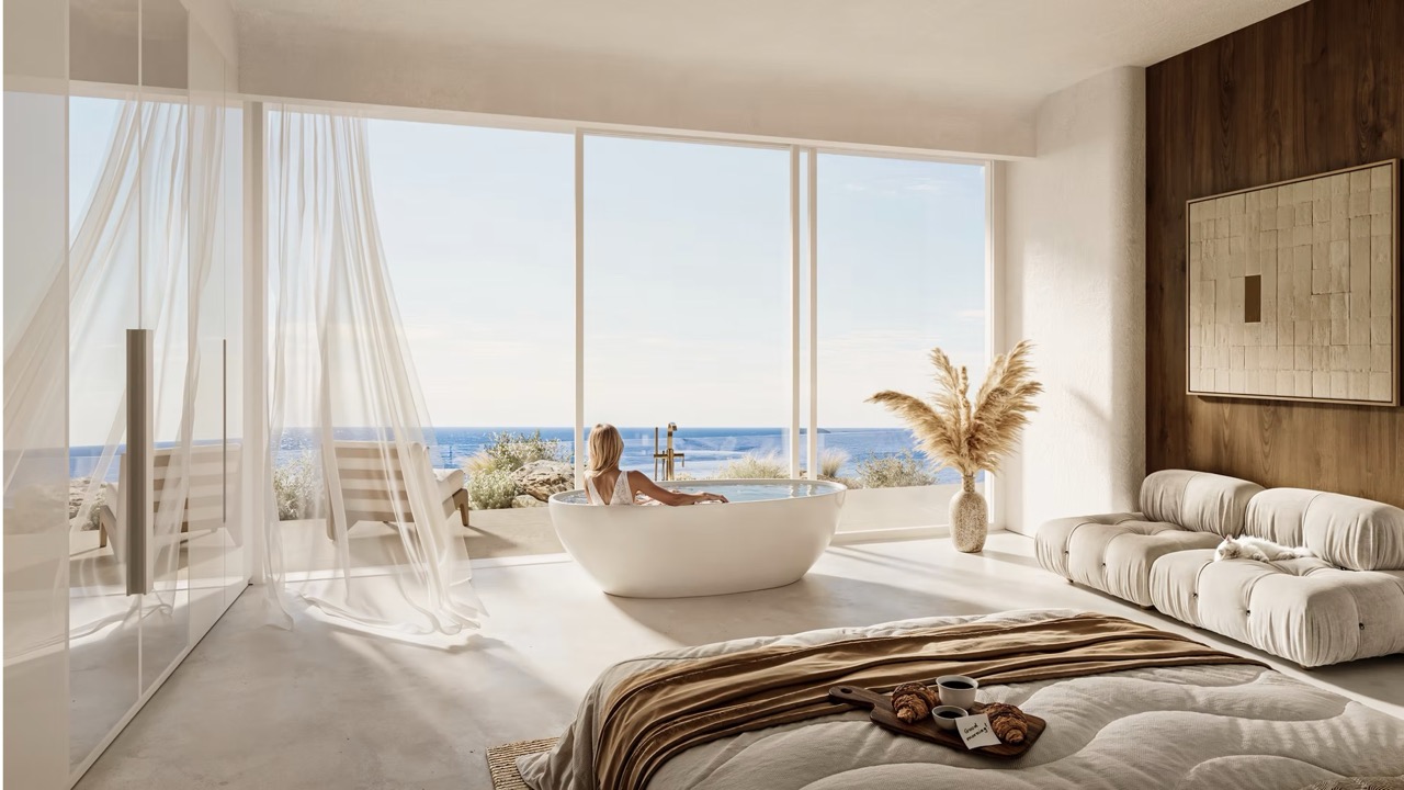 The Edge – Schlafzimmer mit freistehender Badewanne und Meerblick