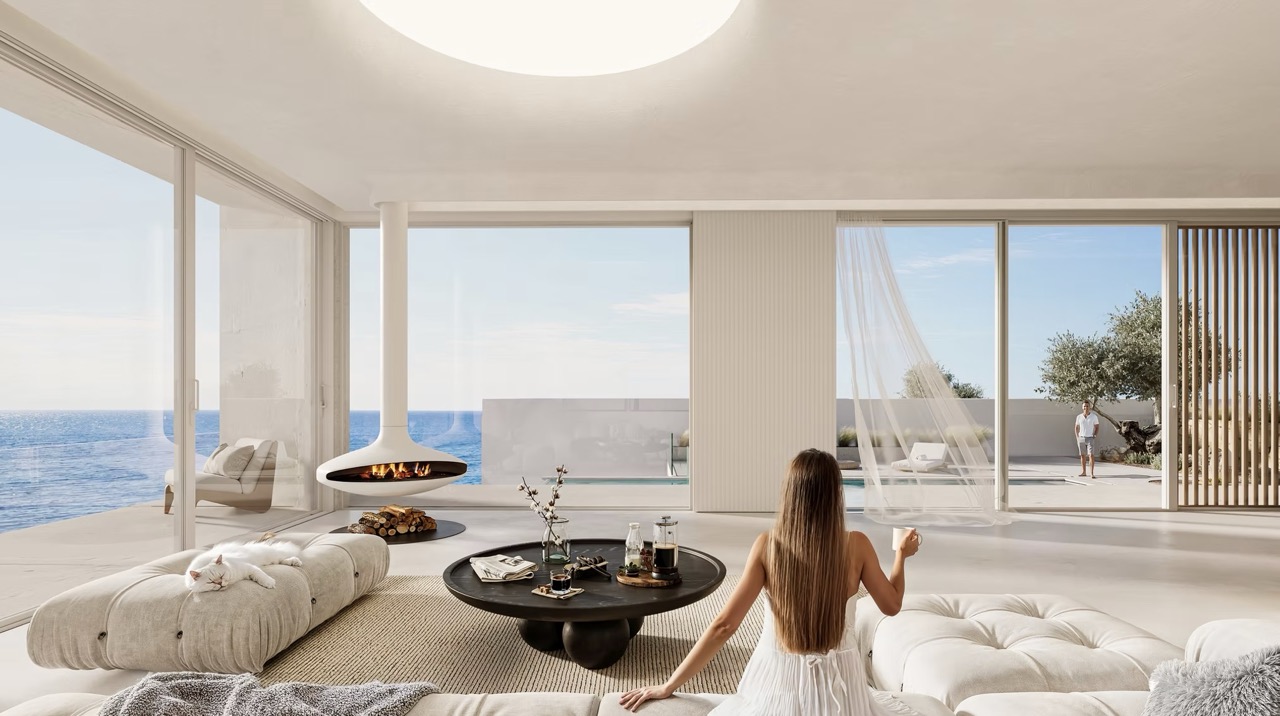 The Edge – Wohnzimmer mit Schwebekamin und Meerblick