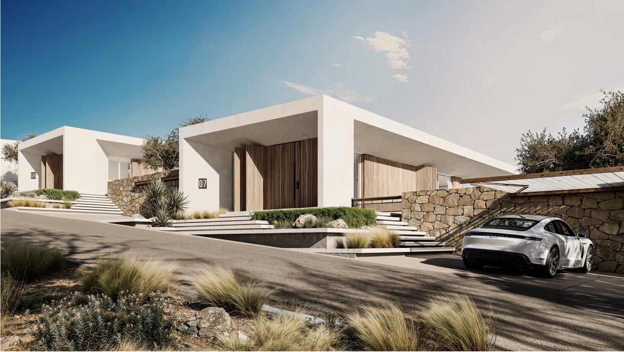 The Edge – Eingangsbereich der Villa mit Naturstein und Holz