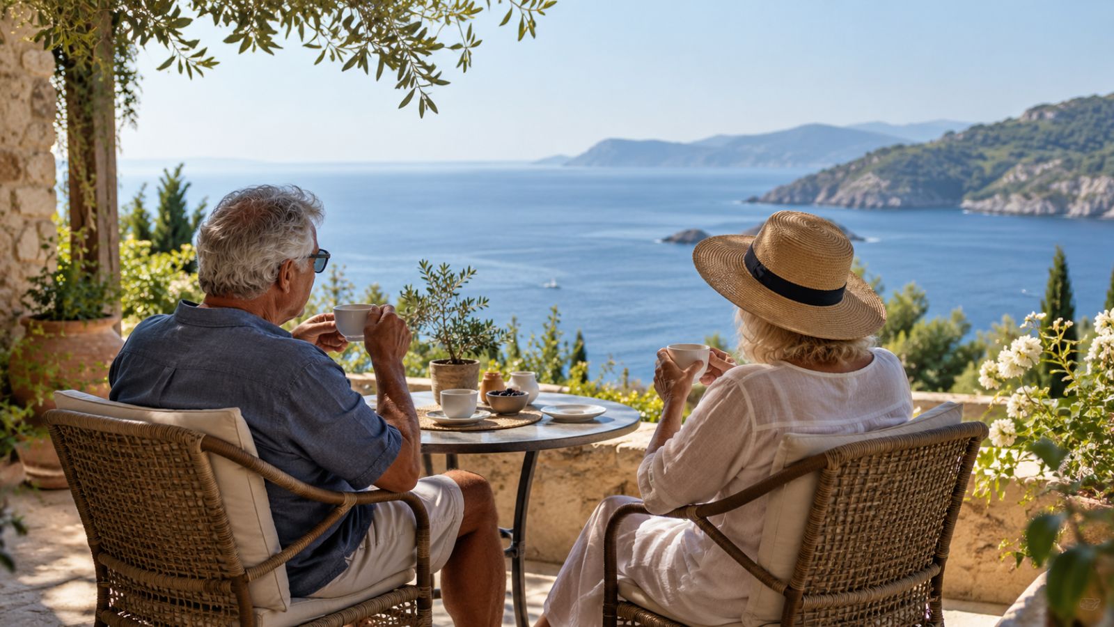 Älteres Paar beim Kaffee auf einer Terrasse mit Meerblick