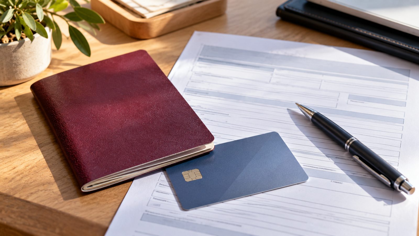 Reisepass, Bankkarte und ausgefülltes Formular auf einem Schreibtisch