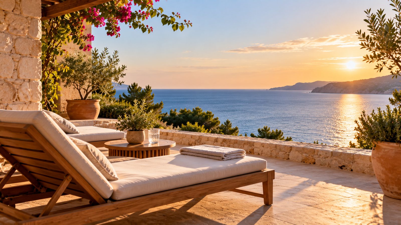 Terrasse eines Ferienhauses mit Liegestühlen und Blick aufs Meer