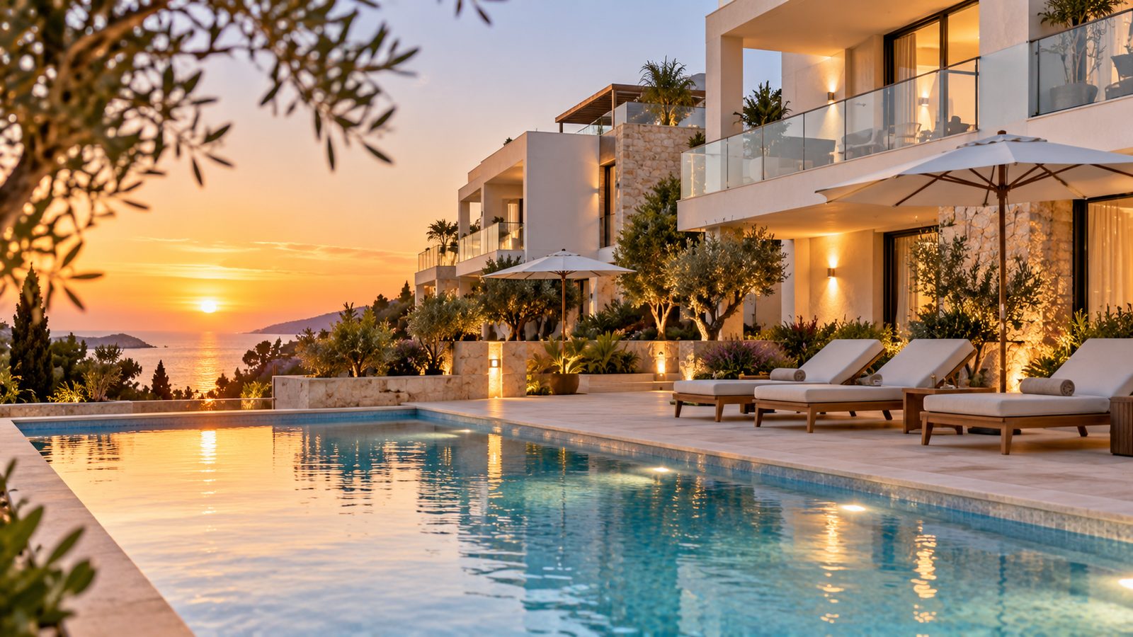 Wohnanlage mit Pool und Liegen am frühen Abend