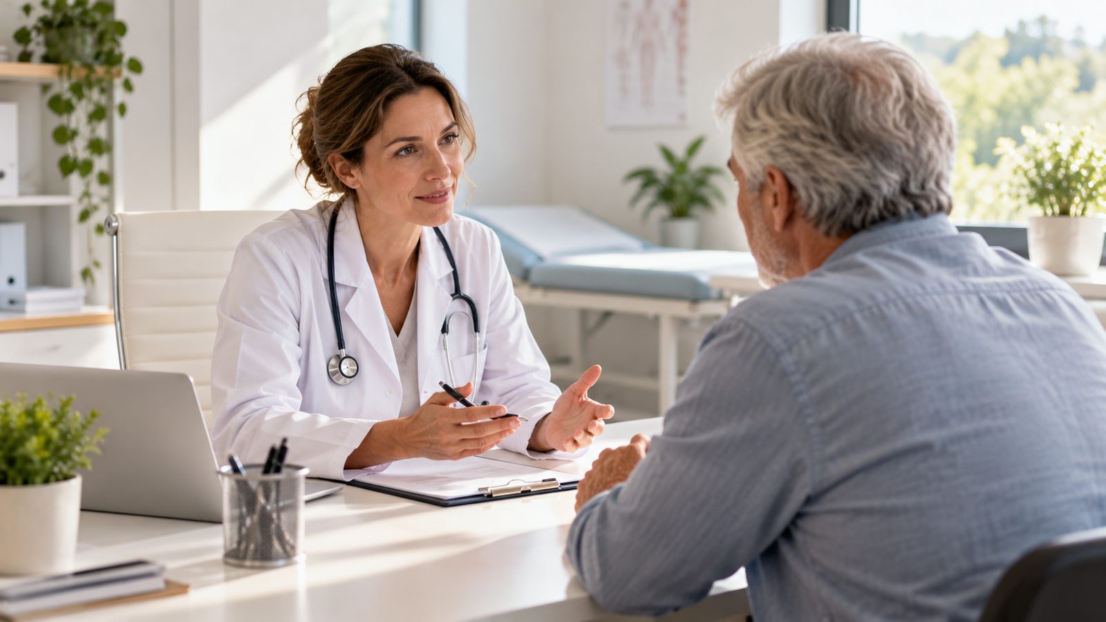 Ärztin im Gespräch mit einem älteren Patienten in einer hellen Praxis