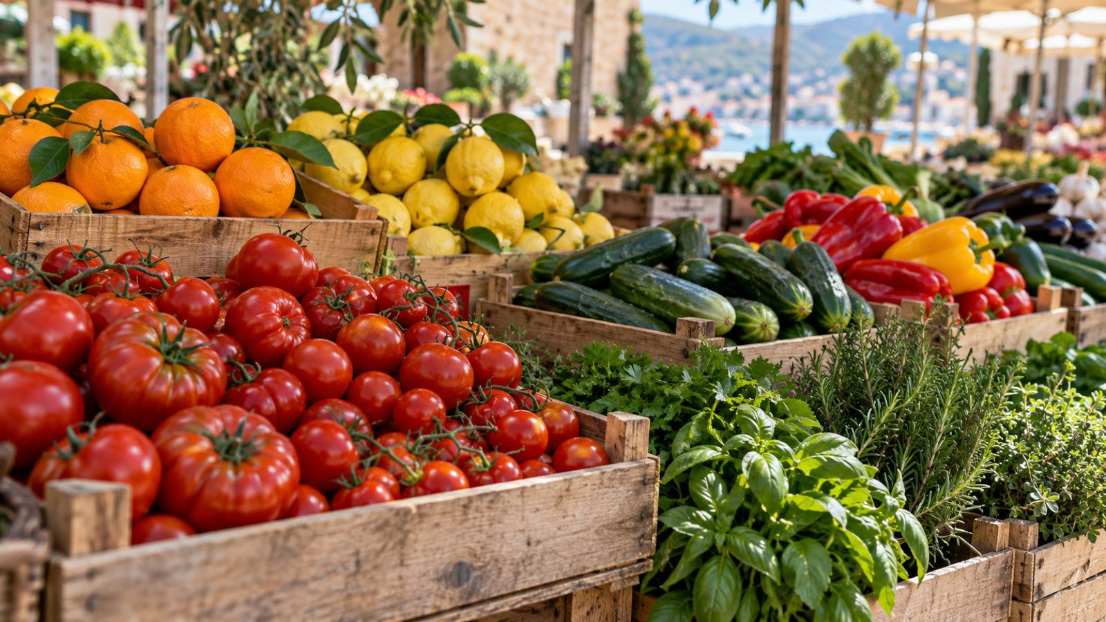 Marktstand mit Obst und Gemüse