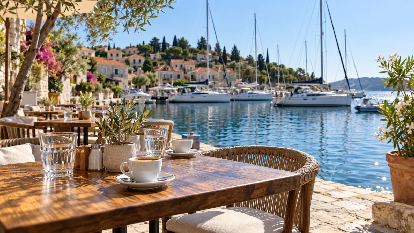 Café-Terrasse an einer Marina mit Booten