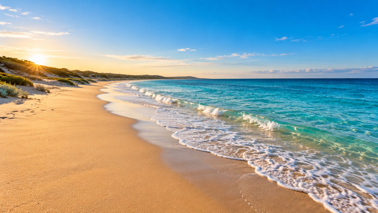 Langer, menschenleerer Sandstrand mit türkisem Wasser