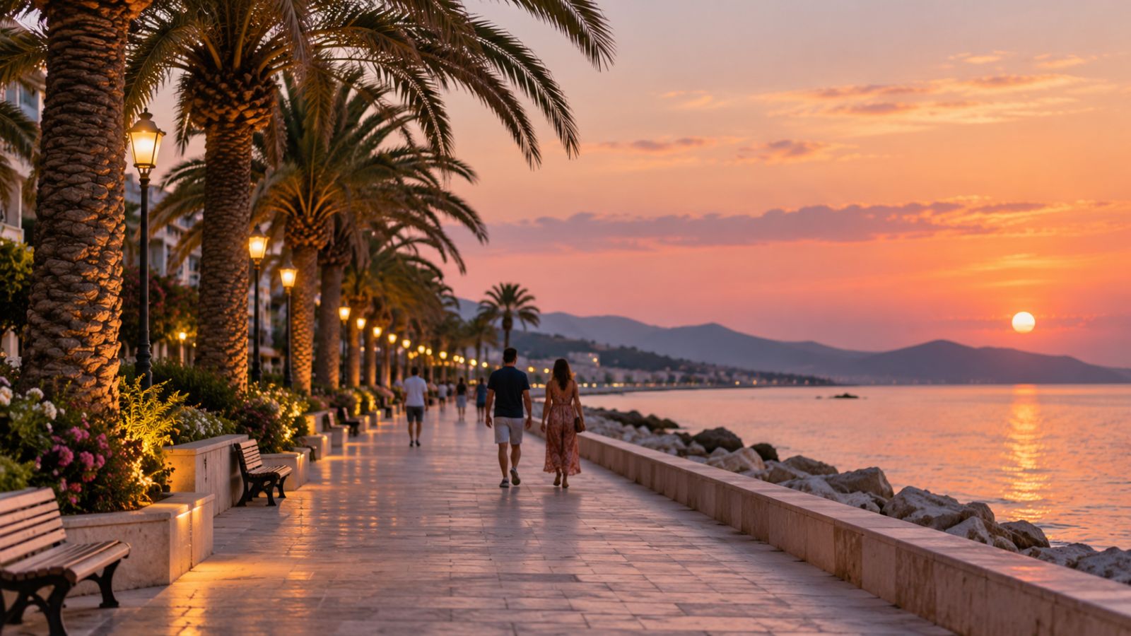 Strandpromenade mit Palmen am Abend