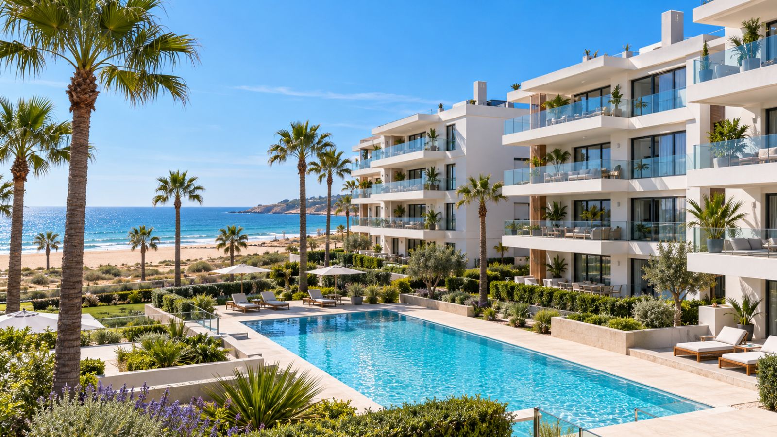 Moderne Apartmentgebäude mit Balkonen nahe am Strand