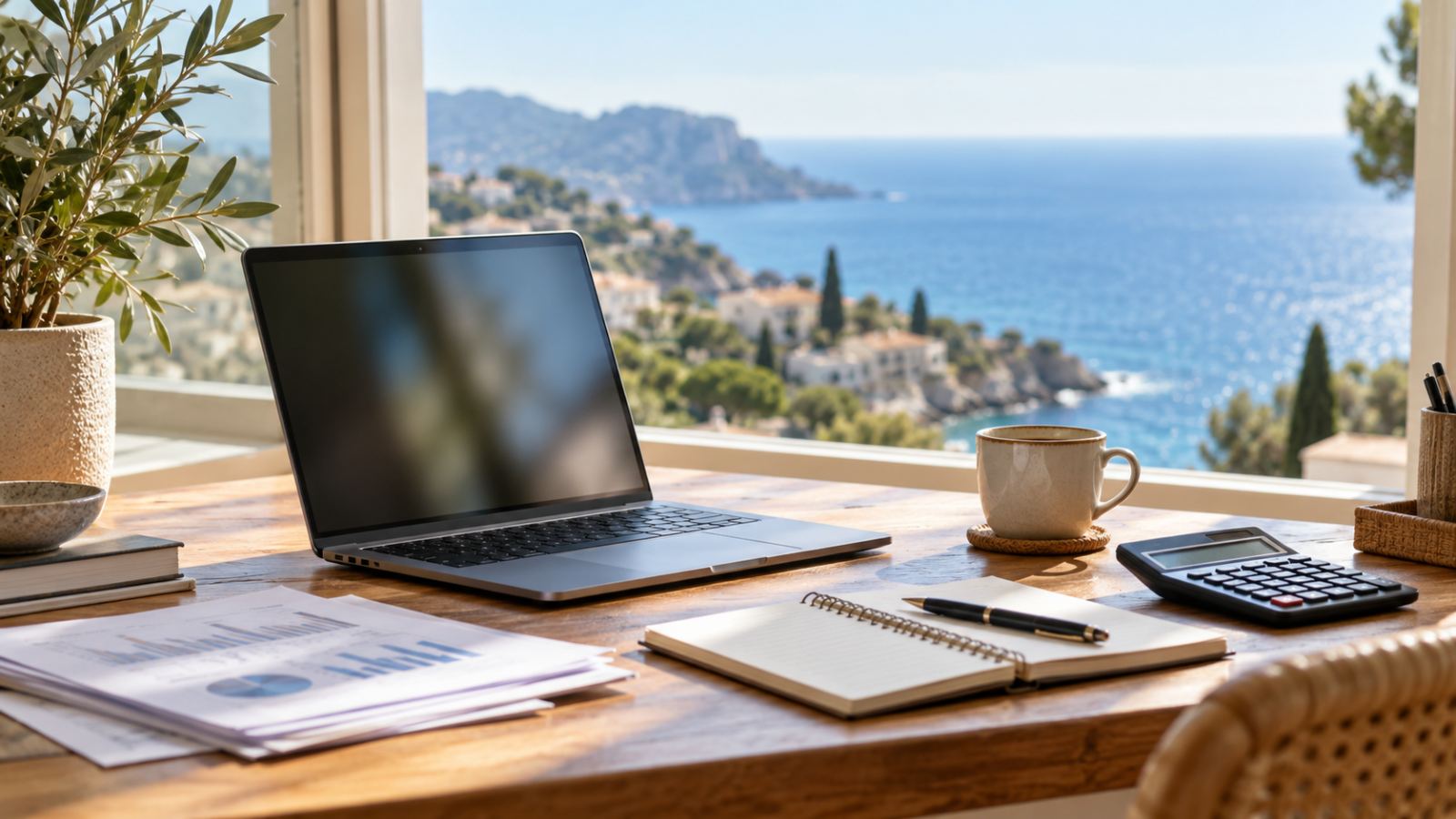 Arbeitsplatz mit Laptop, Taschenrechner und Unterlagen vor einem Fenster mit Meerblick