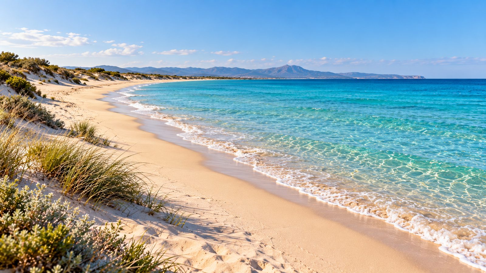 Breiter, heller Sandstrand mit flachem, klarem Wasser