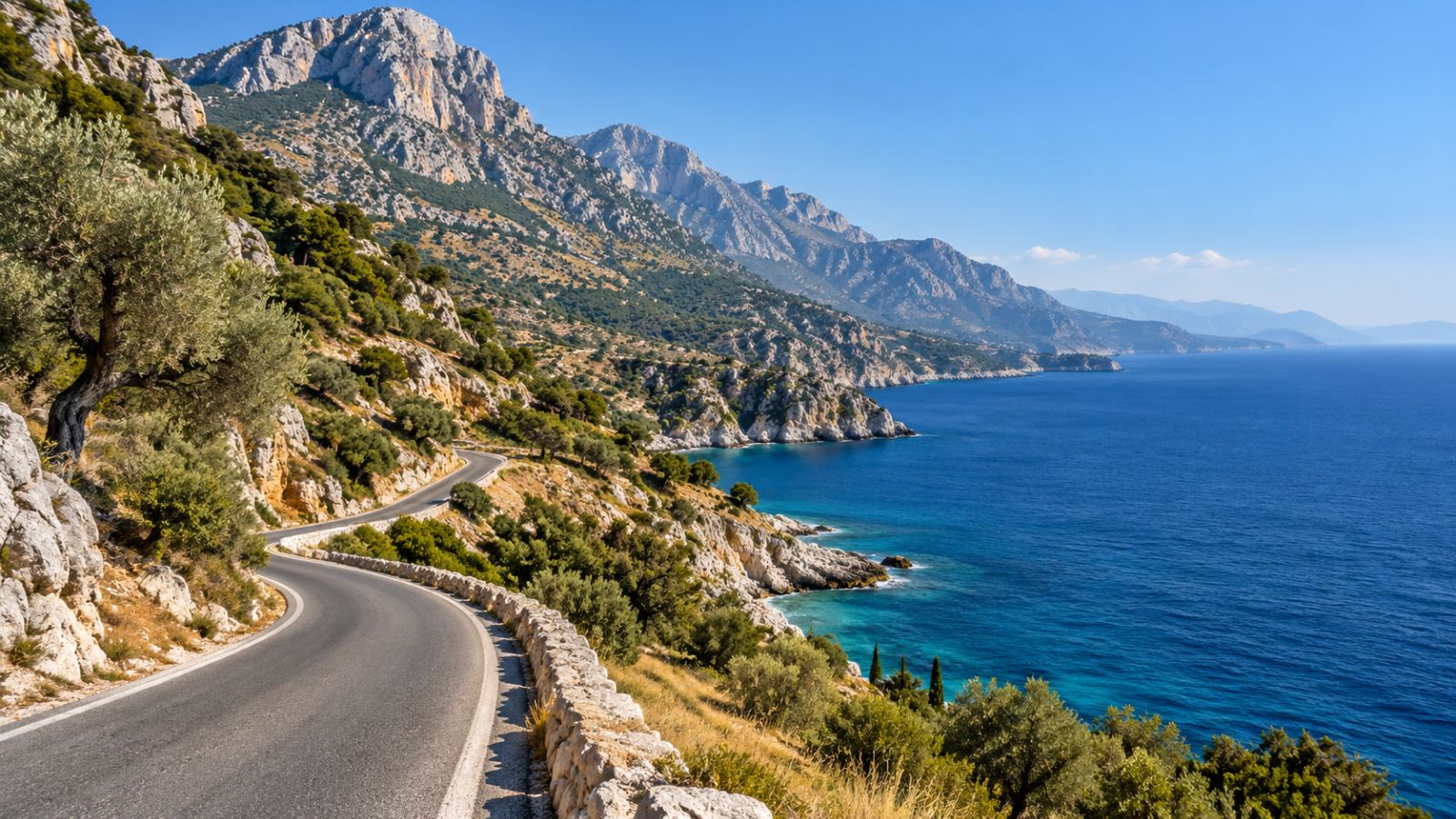 Küstenstraße mit Blick auf eine Bergkette und das Meer